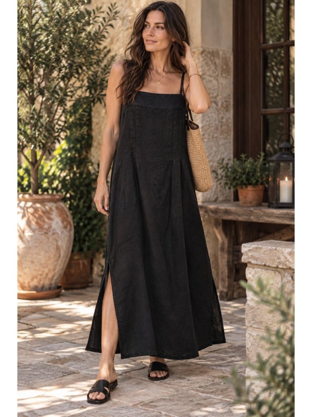 FLAX Women’s Medium Black 100% Linen Maxi Dress Lagenlook Minimalist Side Slit